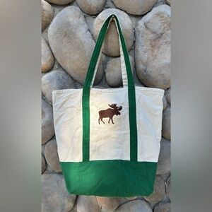 Canvas Tote Bag with Green Trim and Embroidered Moose